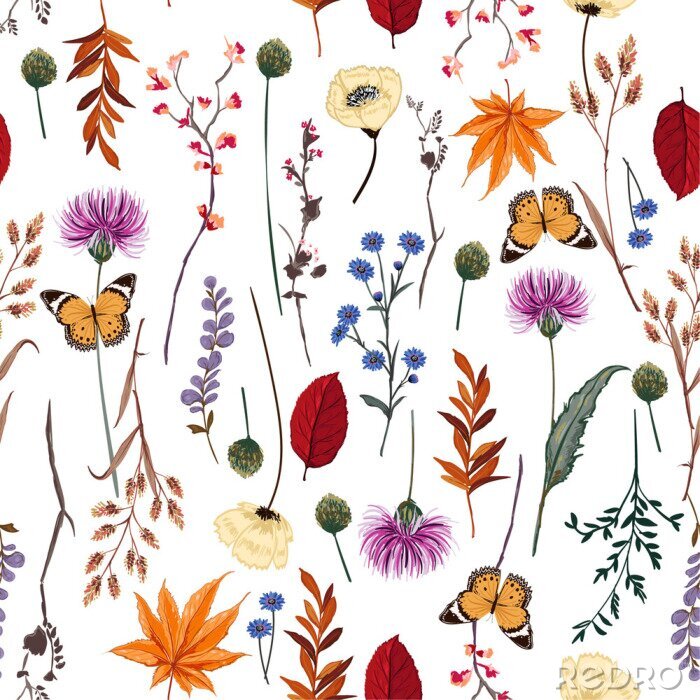 Papier peint à motif  Papillons sur une prairie fleurie colorée