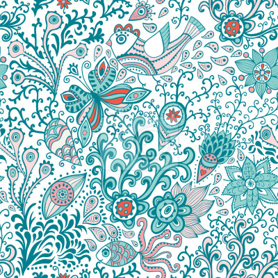 Papier peint à motif  Papillons turquoise avec fleurs et oiseaux