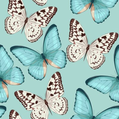 Papier peint à motif  Papillons turquoise et beige sur fond clair