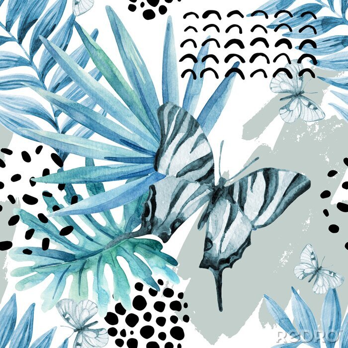 Papier peint à motif  Papillons turquoise et feuilles exotiques