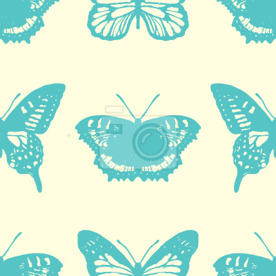 Papier peint à motif  Papillons turquoise sur fond beige