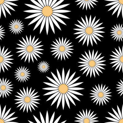 Papier peint à motif  Pâquerettes version graphique sur fond noir