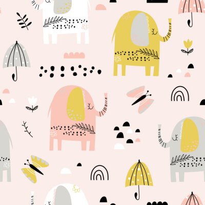 Papier peint à motif  Parapluies et papillons éléphants roses