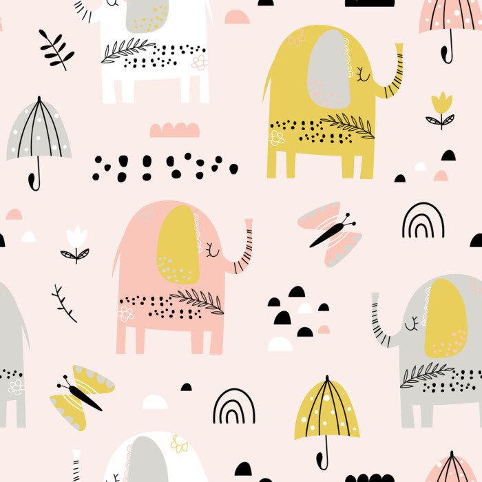 Papier peint à motif  Parapluies et papillons éléphants roses