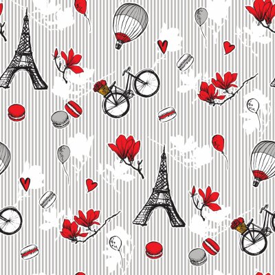 Papier peint à motif  Paris symbols seamless pattern. Romantic travel in Paris. Magnolia blossom, eiffel tower, bicycle, balloons.