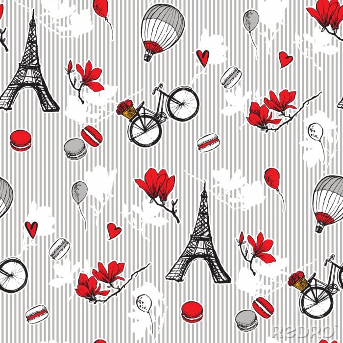 Papier peint à motif  Paris symbols seamless pattern. Romantic travel in Paris. Magnolia blossom, eiffel tower, bicycle, balloons.