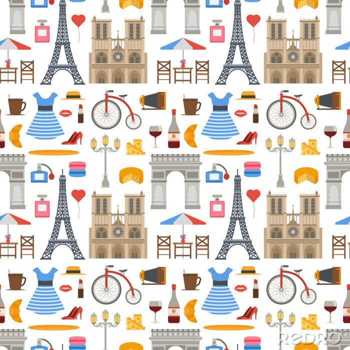 Papier peint à motif  Paris vecteur célèbre voyage cuisine traditionnelle moderne france culture europe eiffel mode design architecture transparente motif fond illustration.