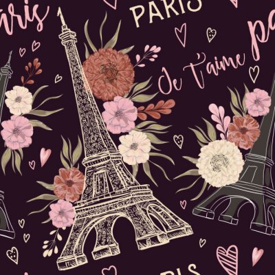 Papier peint à motif  Paris. Vintage modèle sans couture avec la Tour Eiffel, coeurs et éléments floraux dans le style aquarelle. Retro, main, dessiné, vecteur, Illustration