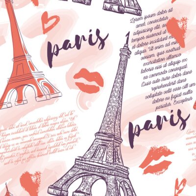 Papier peint à motif  Paris. Vintage modèle sans couture avec la Tour Eiffel, les baisers, les coeurs et les éclaboussures d'aquarelle. Rétro main dessinée illustration vectorielle.