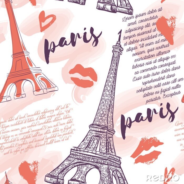 Papier peint à motif  Paris. Vintage modèle sans couture avec la Tour Eiffel, les baisers, les coeurs et les éclaboussures d'aquarelle. Rétro main dessinée illustration vectorielle.