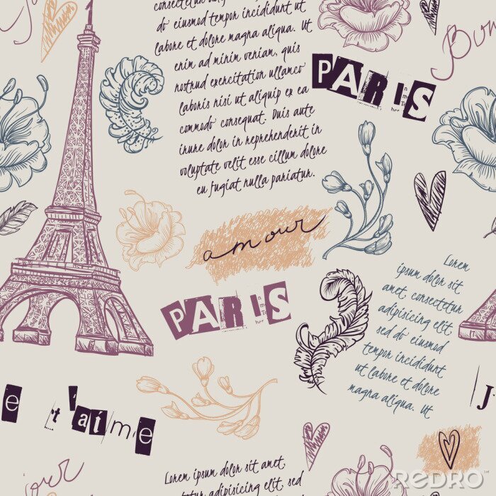 Papier peint à motif  Paris. Vintage modèle sans soudure avec la Tour Eiffel, des fleurs, des plumes et du texte. Rétro main dessinée illustration vectorielle.