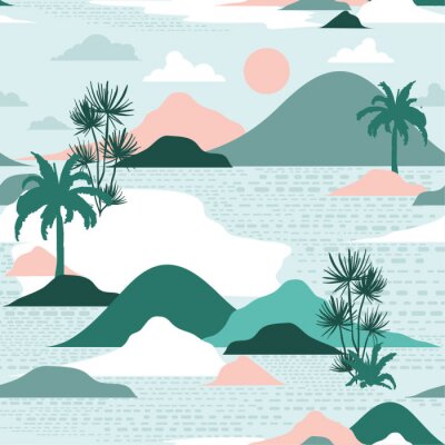 Papier peint à motif  Pastel and sweet  silhouette of palm tree,beach,mountain on modern paper cut style seamless pattern vector design for fashion,fabric,and all prints