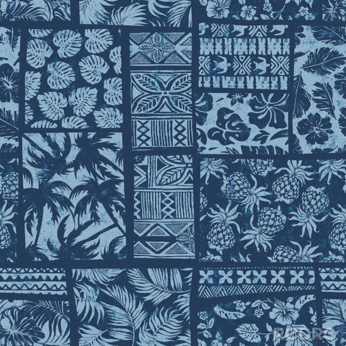 Papier peint à motif  Patchwork bleu style hawaïen