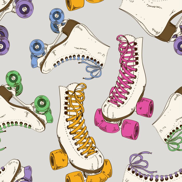 Papier peint à motif  Patins à roulettes colorés rétro sur fond gris