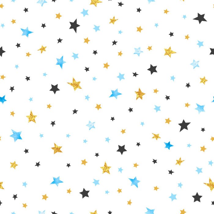 Papier peint à motif  Patron d'étoiles sans couture. Fond de célébrités vectorielles en couleurs bleues, noires et dorées.