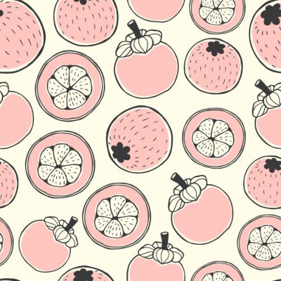 Papier peint à motif  Patron de nature sans couture avec croquis de baies. Fond rose de vecteur au mangoustan. La nourriture tropicale.