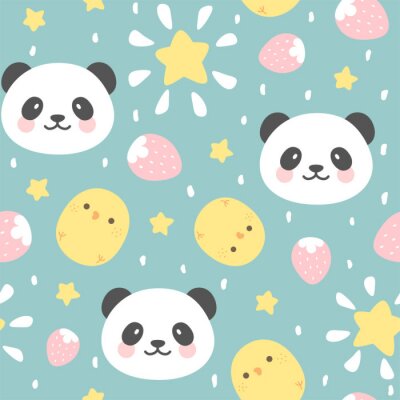 Papier peint à motif  Patron pour enfants mignons pandas et poulets