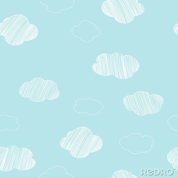 Papier peint à motif  Pattern with hand-drawn different clouds on a blue sky background.