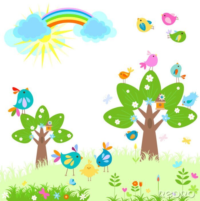 Papier peint à motif  Paysage coloré de printemps avec un arc-en-ciel