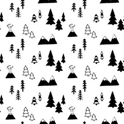 Papier peint à motif  Paysage de dessin - montagnes et forêt