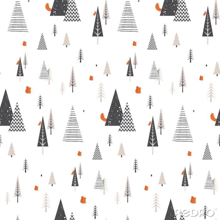Papier peint à motif  Paysage de forêt de Noël hiver avec des animaux de la forêt. modèle sans couture. Illustration vectorielle abstraite
