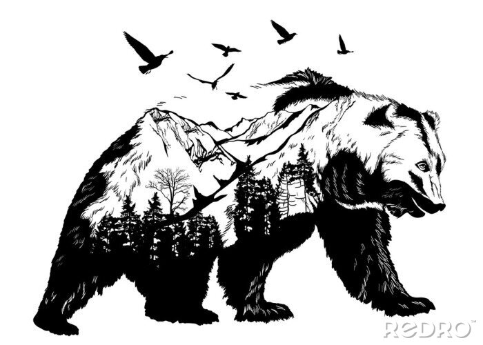 Papier peint à motif  Paysage de montagne inscrit dans le dessin d'un ours