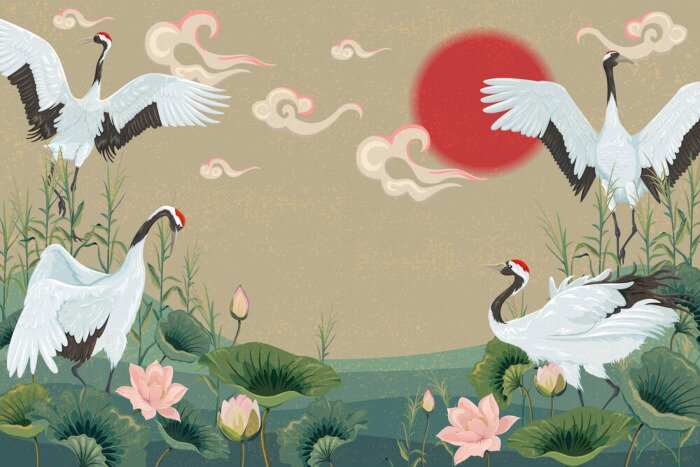 Papier peint à motif  Paysage japonais avec des grues