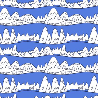 Papier peint à motif  Paysage mignon d'hiver. Modèle sans couture de Noël avec des cerfs, des montagnes et des pins.