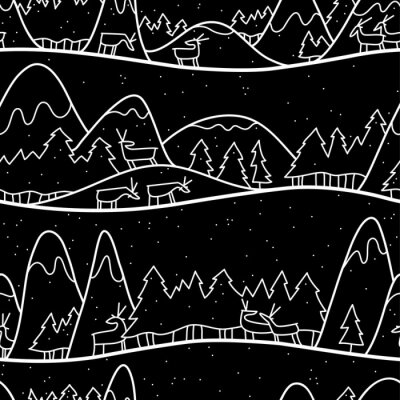 Papier peint à motif  Paysage mignon d'hiver. Modèle sans couture de Noël avec des cerfs, des montagnes et des pins.