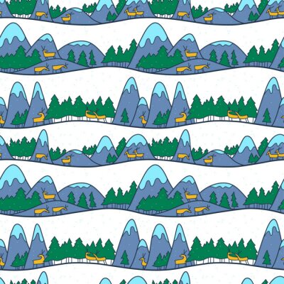 Papier peint à motif  Paysage mignon d'hiver. Modèle sans couture de Noël avec des cerfs, des montagnes et des pins.