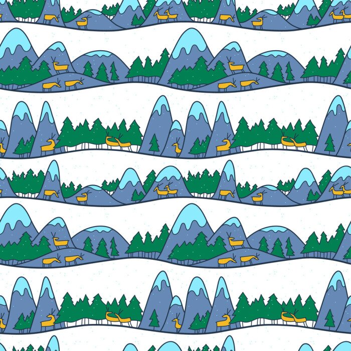 Papier peint à motif  Paysage mignon d'hiver. Modèle sans couture de Noël avec des cerfs, des montagnes et des pins.