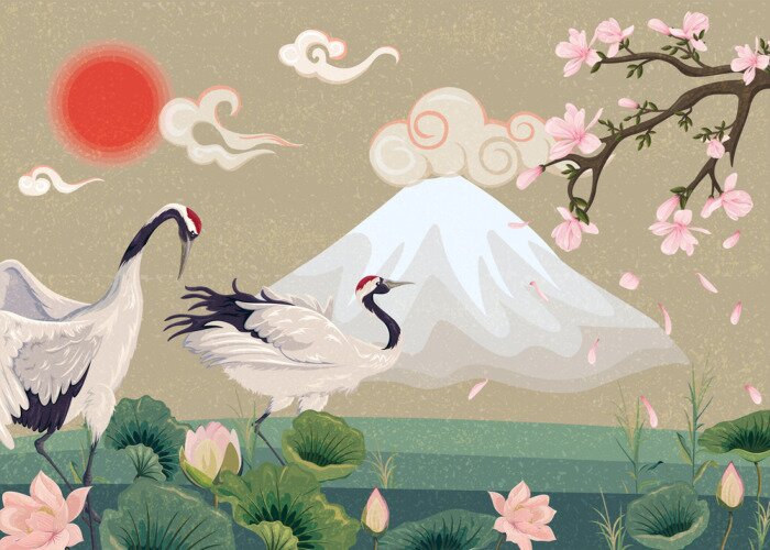 Papier peint à motif  Paysage oriental avec des grues
