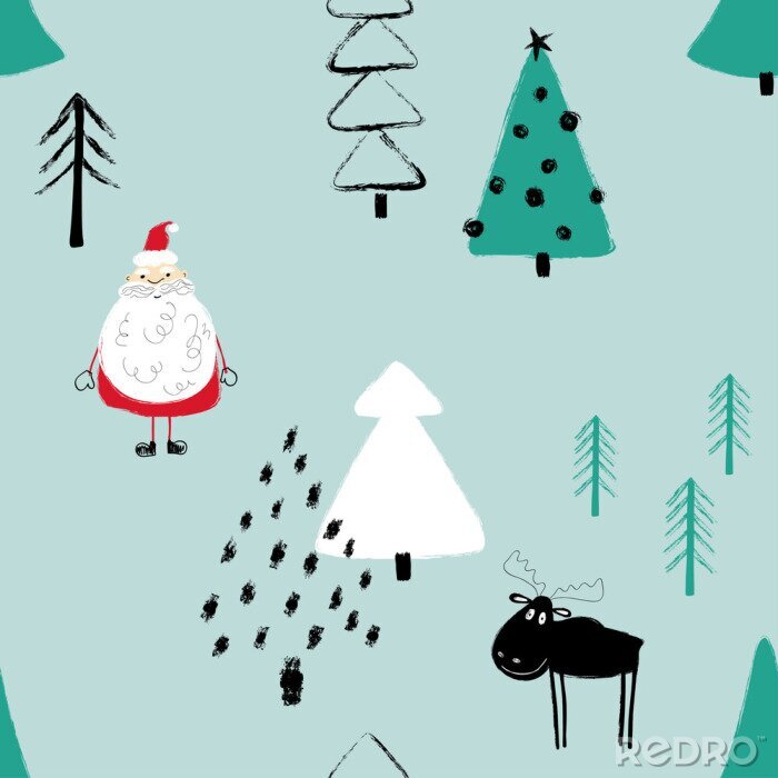 Papier peint à motif  Père Noël et rennes dans la forêt d'hiver