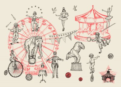 Performances de cirque rétro mis illustration vectorielle de croquis stile. Imitation dessinée à la main. Humain et animaux.