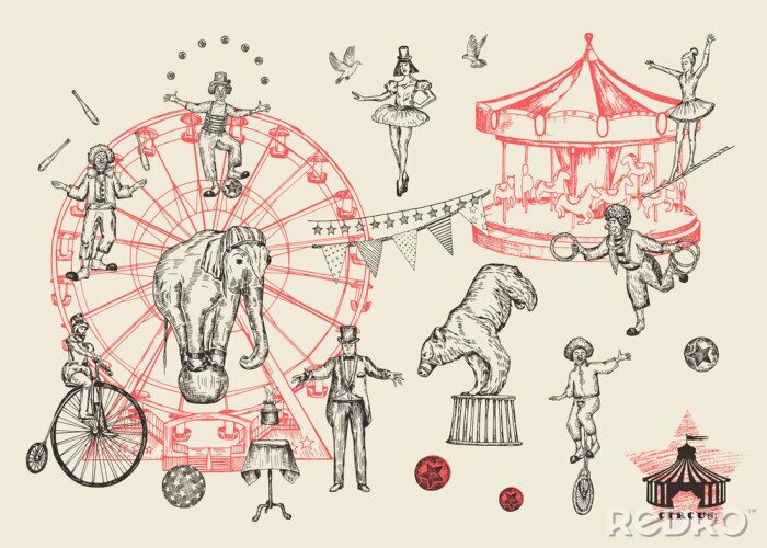 Papier peint à motif  Performances de cirque rétro mis illustration vectorielle de croquis stile. Imitation dessinée à la main. Humain et animaux.