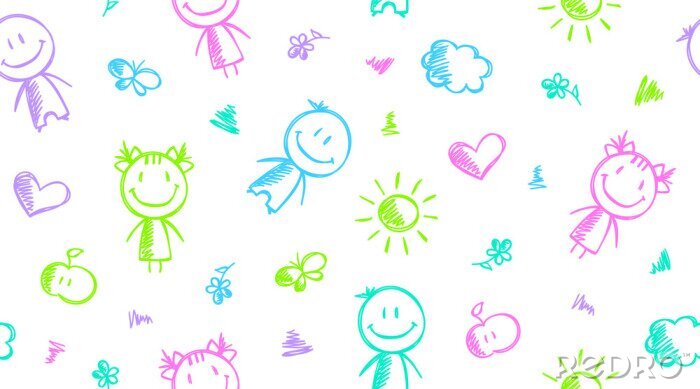 Papier peint à motif  Personnages dessinées soleil et étoiles