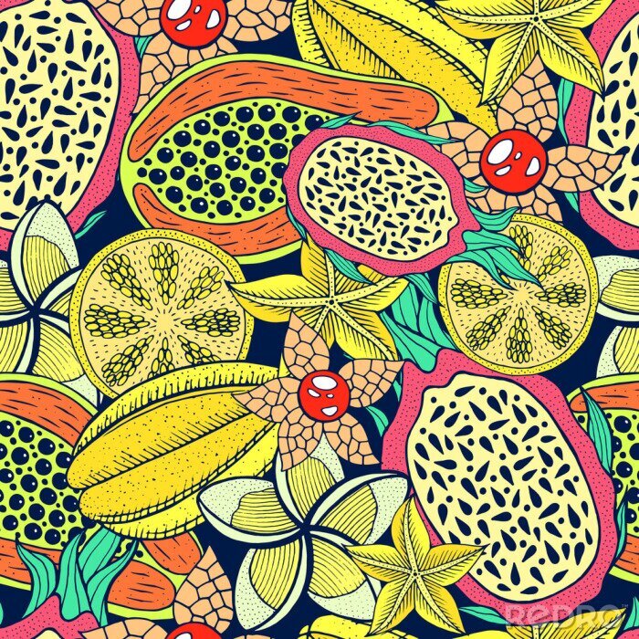 Papier peint à motif  Petites fleurs aux fruits tropicaux