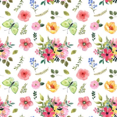 Papier peint à motif  Petites fleurs et papillons colorés dans un style shabby chic