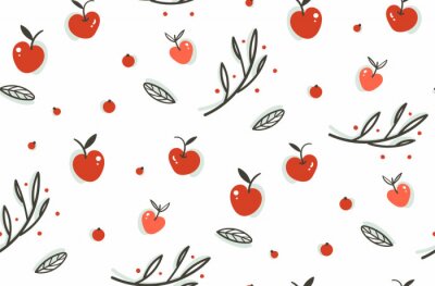 Papier peint à motif  Petites pommes rouges et feuilles et brindilles noires