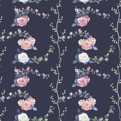 Papier peint à motif  Petites roses romantiques sur fond bleu fonc?