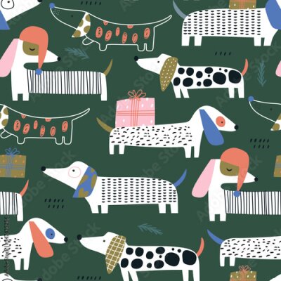 Papier peint à motif  Petits chiens avec des cadeaux