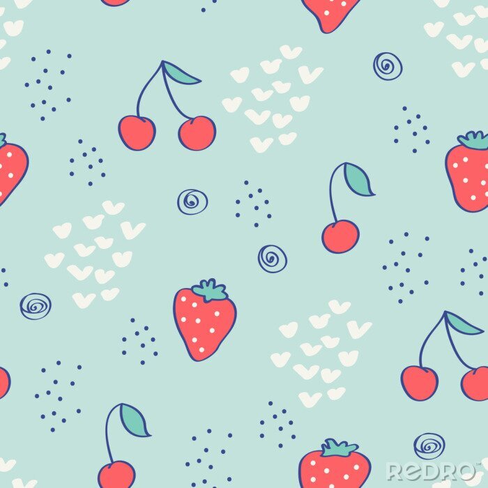 Papier peint à motif  Petits fruits rouges sur fond bleu