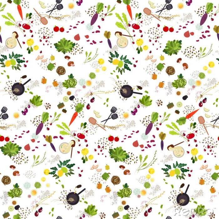 Papier peint à motif  Petits légumes et fruits colorés sur fond blanc
