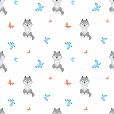Papier peint à motif  Petits loups et papillons colorés pour enfants
