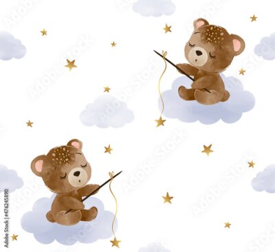 Papier peint à motif  Petits ours avec des cannes à pêche