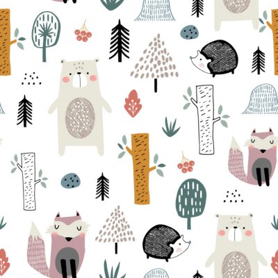 Papier peint à motif  Petits ours, renards et hérissons dans une forêt verdoyante