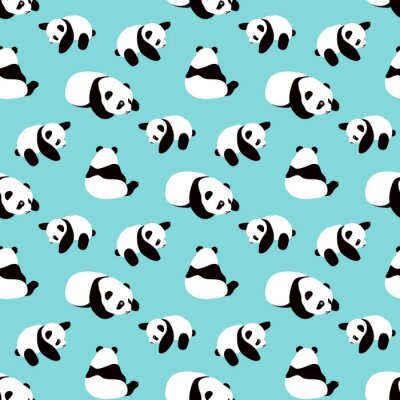 Papier peint à motif  Petits pandas noirs et blancs sur fond bleu
