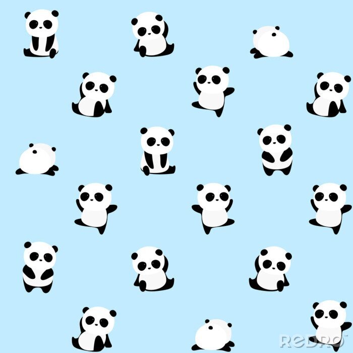 Papier peint à motif  Petits pandas sur fond bleu