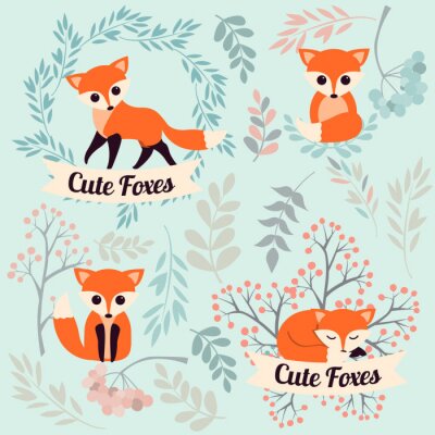 Papier peint à motif  Petits renards avec de la verdure et des inscriptions