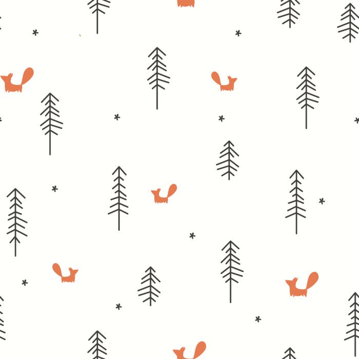 Papier peint à motif  Petits renards et arbres noirs